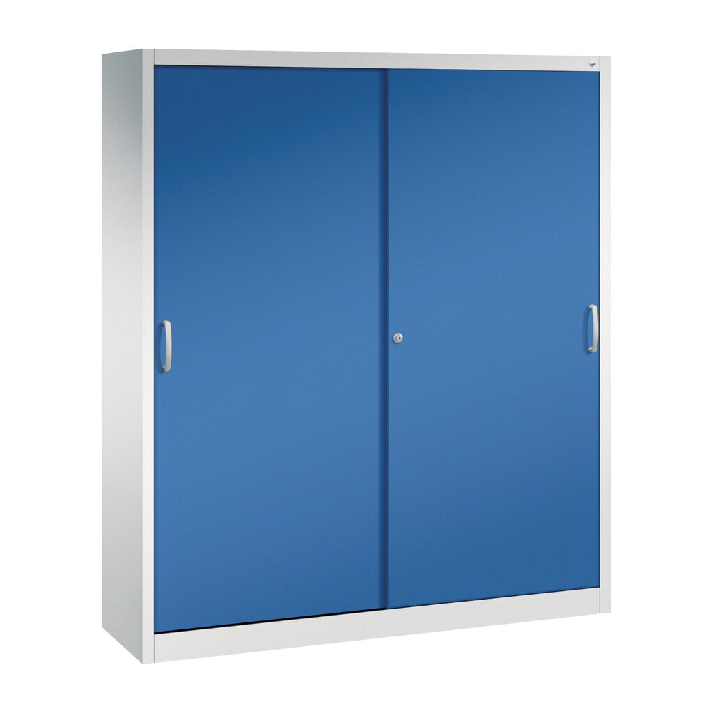 Werkplaatsschuifdeurkast C+P met 8 legborden, hxbxd 1.950 x 1.600 x 400 mm, scheidingswand, lichtgrijs, gentiaanblauw Product afbeelding: Werkplaatsschuifdeurkast C+P met 8 legborden, hxbxd 1.950 x 1.600 x 400 mm, scheidingswand, lichtgrijs, gentiaanblauw