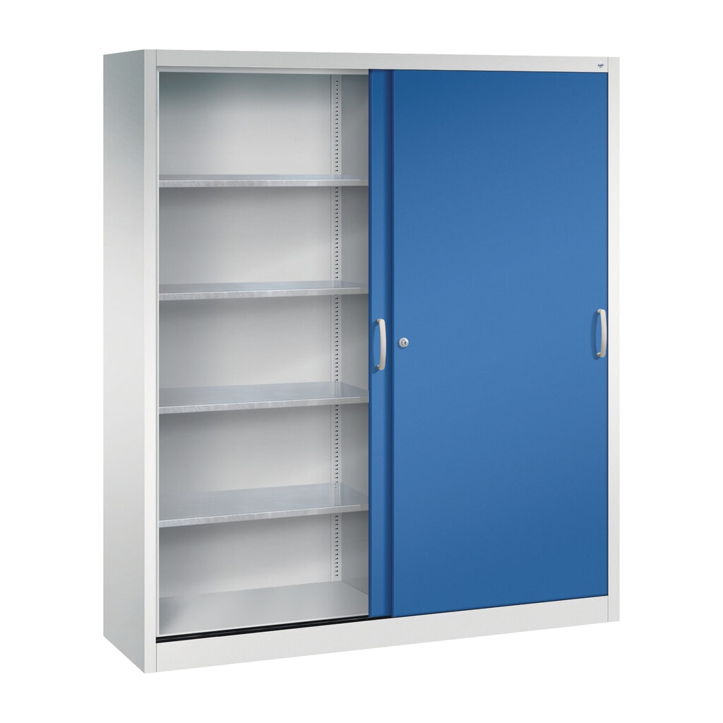 Werkplaatsschuifdeurkast C+P met 8 legborden, hxbxd 1.950 x 1.600 x 400 mm, scheidingswand, lichtgrijs, gentiaanblauw Productafbeelding nr. 3: Werkplaatsschuifdeurkast C+P met 8 legborden, hxbxd 1.950 x 1.600 x 400 mm, scheidingswand, lichtgrijs, gentiaanblauw