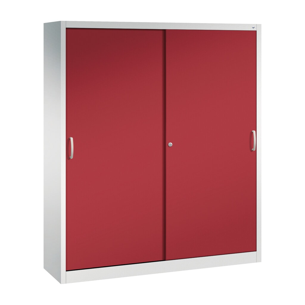 Werkplaatsschuifdeurkast C+P met 8 legborden, hxbxd 1.950 x 1.600 x 400 mm, scheidingswand, lichtgrijs, robijnrood Product afbeelding: Werkplaatsschuifdeurkast C+P met 8 legborden, hxbxd 1.950 x 1.600 x 400 mm, scheidingswand, lichtgrijs, robijnrood