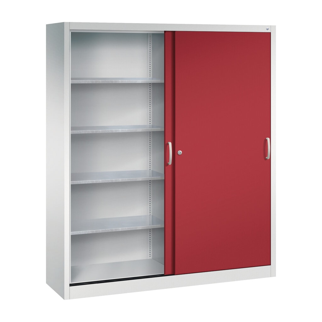 Werkplaatsschuifdeurkast C+P met 8 legborden, hxbxd 1.950 x 1.600 x 400 mm, scheidingswand, lichtgrijs, robijnrood Productafbeelding nr. 3: Werkplaatsschuifdeurkast C+P met 8 legborden, hxbxd 1.950 x 1.600 x 400 mm, scheidingswand, lichtgrijs, robijnrood