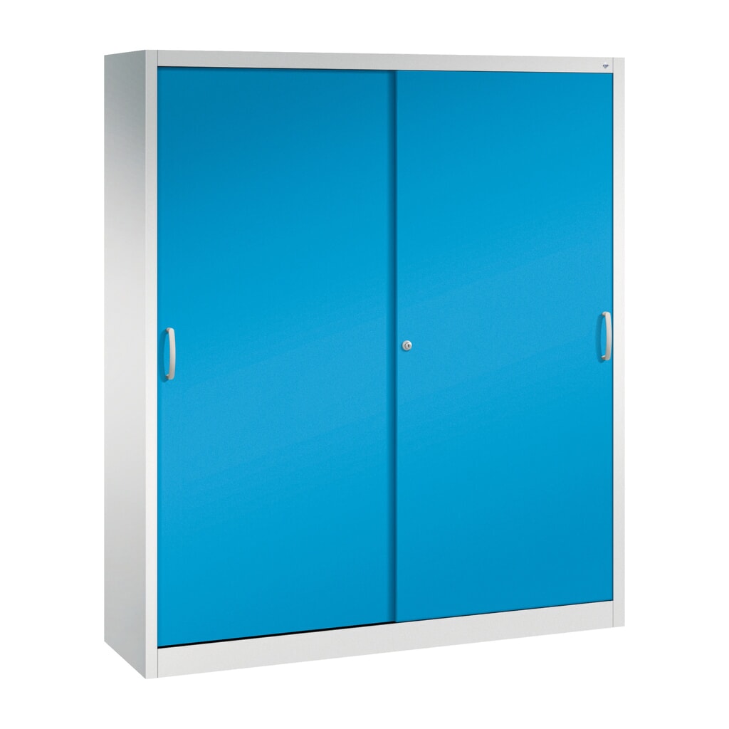 Werkplaatsschuifdeurkast C+P met 8 legborden, hxbxd 1.950 x 1.600 x 400 mm, scheidingswand, lichtgrijs, lichtblauw Product afbeelding: Werkplaatsschuifdeurkast C+P met 8 legborden, hxbxd 1.950 x 1.600 x 400 mm, scheidingswand, lichtgrijs, lichtblauw
