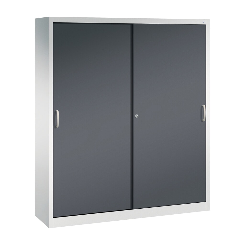 Werkplaatsschuifdeurkast C+P met 8 legborden, hxbxd 1.950 x 1.600 x 400 mm, scheidingswand, lichtgrijs, zwartgrijs Product afbeelding: Werkplaatsschuifdeurkast C+P met 8 legborden, hxbxd 1.950 x 1.600 x 400 mm, scheidingswand, lichtgrijs, zwartgrijs