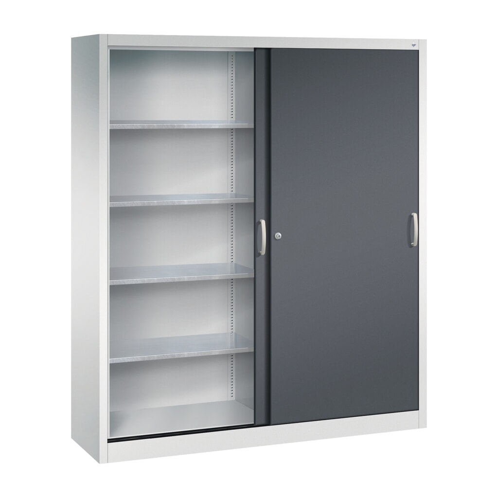 Werkplaatsschuifdeurkast C+P met 8 legborden, hxbxd 1.950 x 1.600 x 400 mm, scheidingswand, lichtgrijs, zwartgrijs Productafbeelding nr. 3: Werkplaatsschuifdeurkast C+P met 8 legborden, hxbxd 1.950 x 1.600 x 400 mm, scheidingswand, lichtgrijs, zwartgrijs