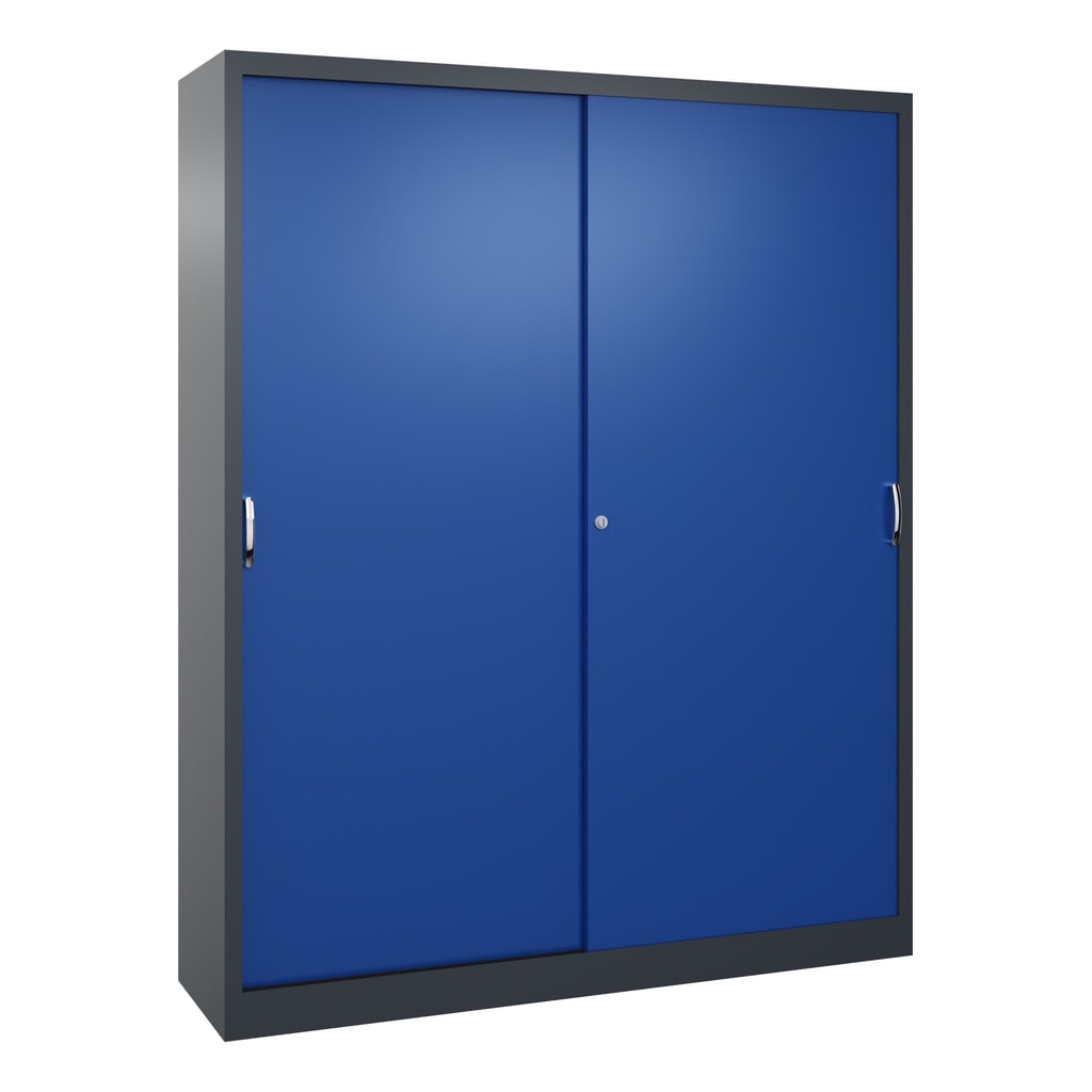 Product afbeelding: Werkplaatsschuifdeurkast C+P met 8 legborden, hxbxd 1.950 x 1.600 x 400 mm, scheidingswand, antracietgrijs, gentiaanblauw