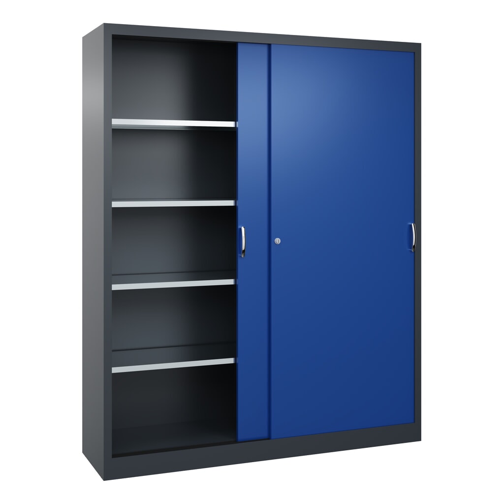 Werkplaatsschuifdeurkast C+P met 8 legborden, hxbxd 1.950 x 1.600 x 400 mm, scheidingswand, antracietgrijs, gentiaanblauw Productafbeelding nr. 3: Werkplaatsschuifdeurkast C+P met 8 legborden, hxbxd 1.950 x 1.600 x 400 mm, scheidingswand, antracietgrijs, gentiaanblauw
