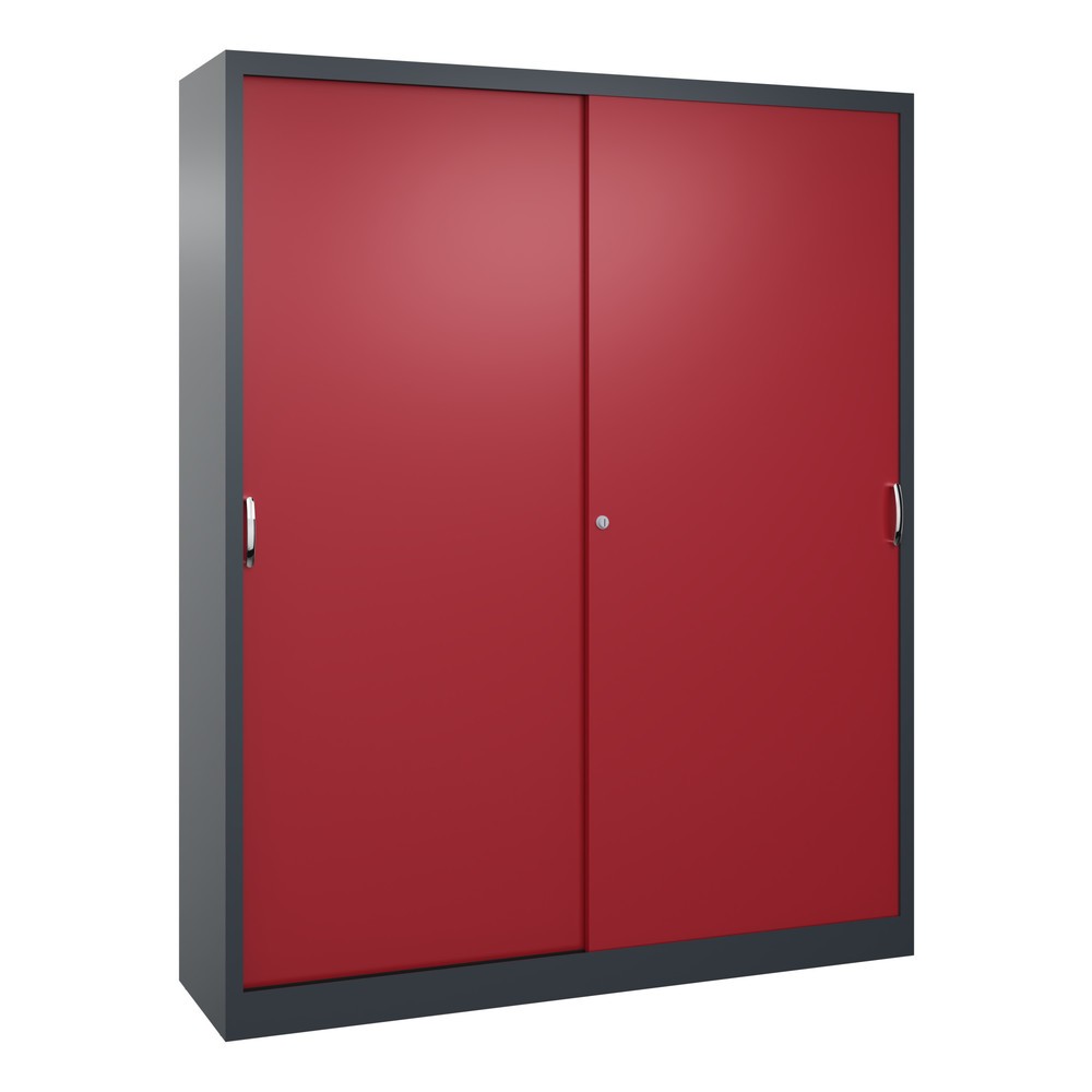 Product afbeelding: Werkplaatsschuifdeurkast C+P met 8 legborden, hxbxd 1.950 x 1.600 x 400 mm, scheidingswand, antracietgrijs, robijnrood