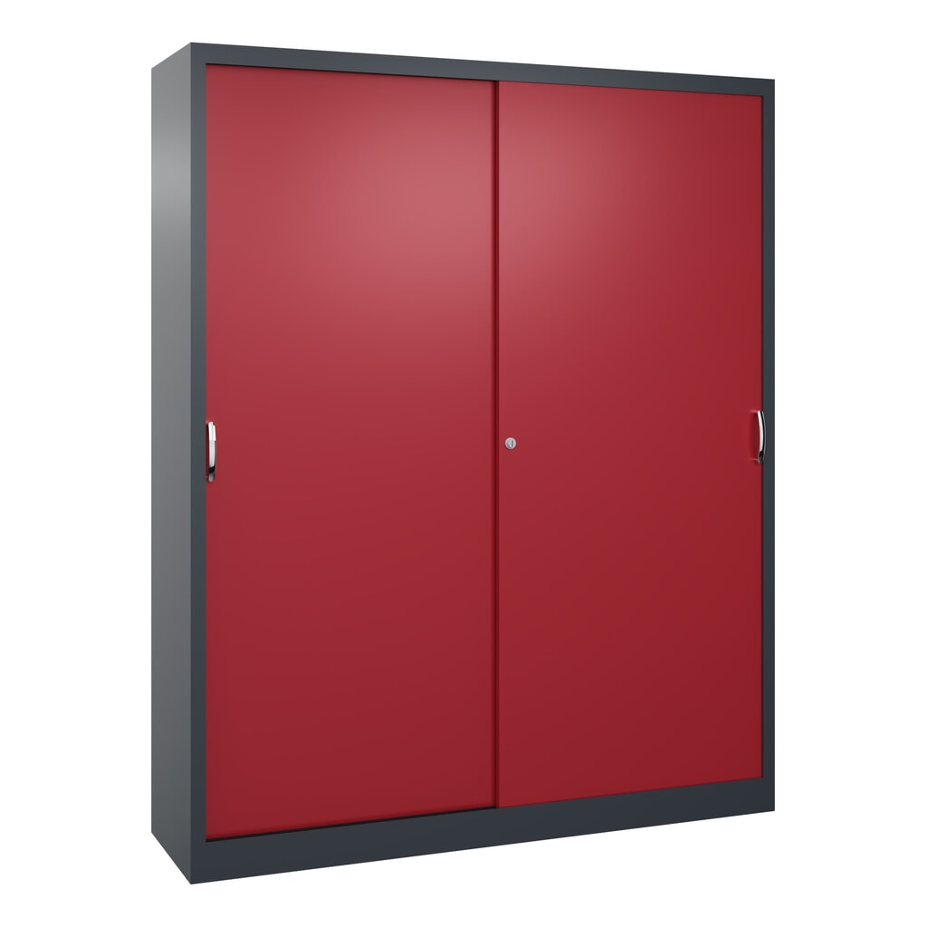 Product afbeelding: Werkplaatsschuifdeurkast C+P met 8 legborden, hxbxd 1.950 x 1.600 x 400 mm, scheidingswand, antracietgrijs, robijnrood