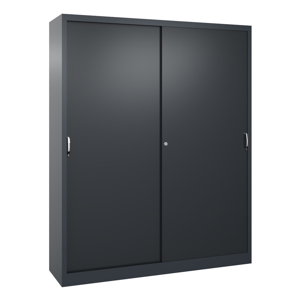 Product afbeelding: Werkplaatsschuifdeurkast C+P met 8 legborden, hxbxd 1.950 x 1.600 x 400 mm, scheidingswand, antracietgrijs, zwartgrijs