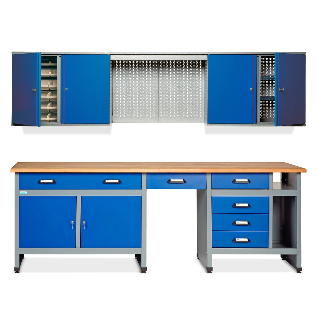 Werkplaatsset Bern 2-delig, hangkast + werkbank wand, breedte 2.400 mm, blauw Product afbeelding: Werkplaatsset Bern 2-delig, hangkast + werkbank wand, breedte 2.400 mm, blauw
