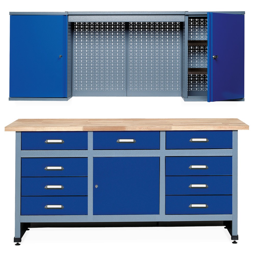 Product afbeelding: Werkplaatsset Meran 2-delig, hangkast + werkbank + geperforeerde wand, breedte 1.700 mm, blauw