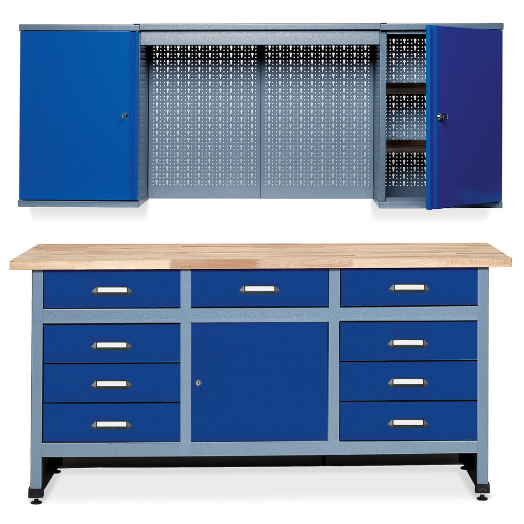 Werkplaatsset Meran 2-delig, hangkast + werkbank + geperforeerde wand, breedte 1.700 mm, blauw Product afbeelding: Werkplaatsset Meran 2-delig, hangkast + werkbank + geperforeerde wand, breedte 1.700 mm, blauw