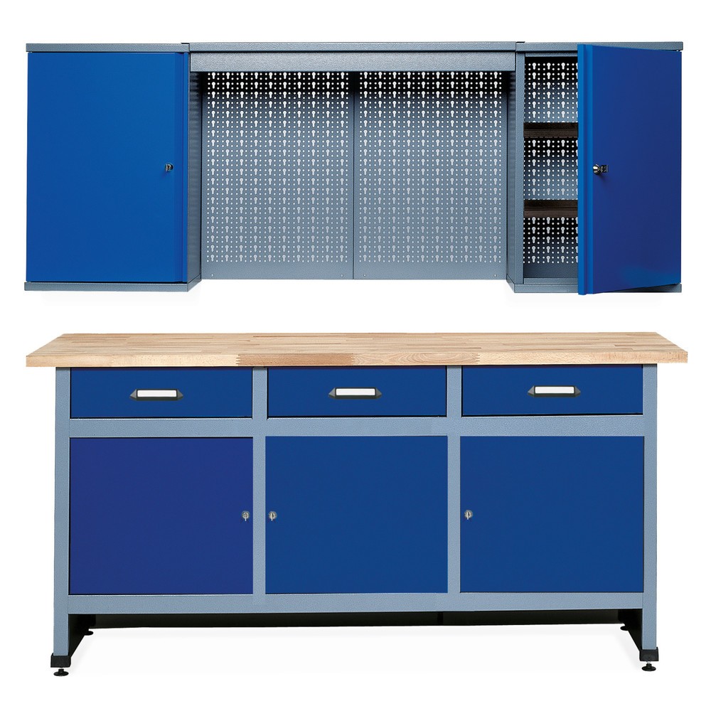 Product afbeelding: Werkplaatsset Elm 2-delig, hangkast + werkbank, breedte 1.700 mm, blauw