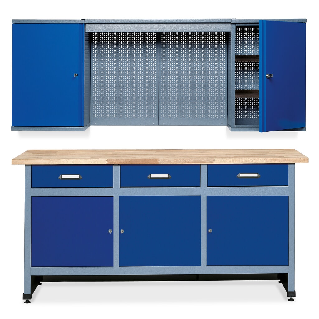 Werkplaatsset Elm 2-delig, hangkast + werkbank, breedte 1.700 mm, blauw Product afbeelding: Werkplaatsset Elm 2-delig, hangkast + werkbank, breedte 1.700 mm, blauw