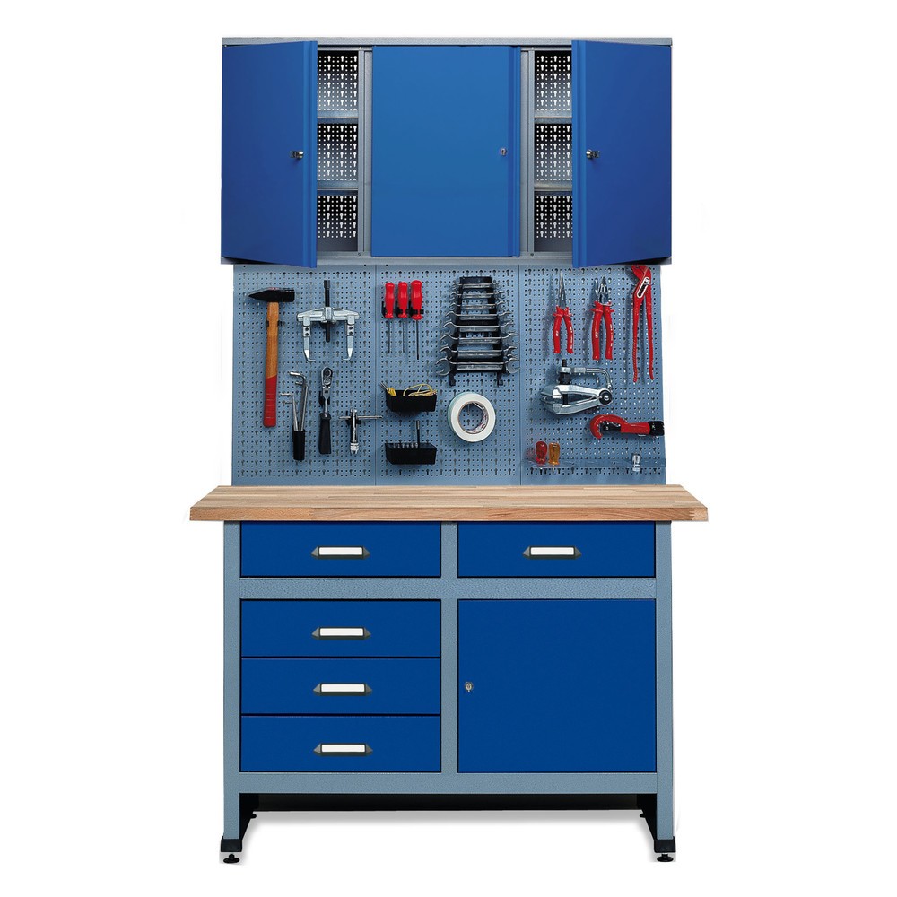 Product afbeelding: Werkplaatsset Meran 3-delig, hangkast + werkbank + geperforeerde wand, breedte 1.200 mm, rood