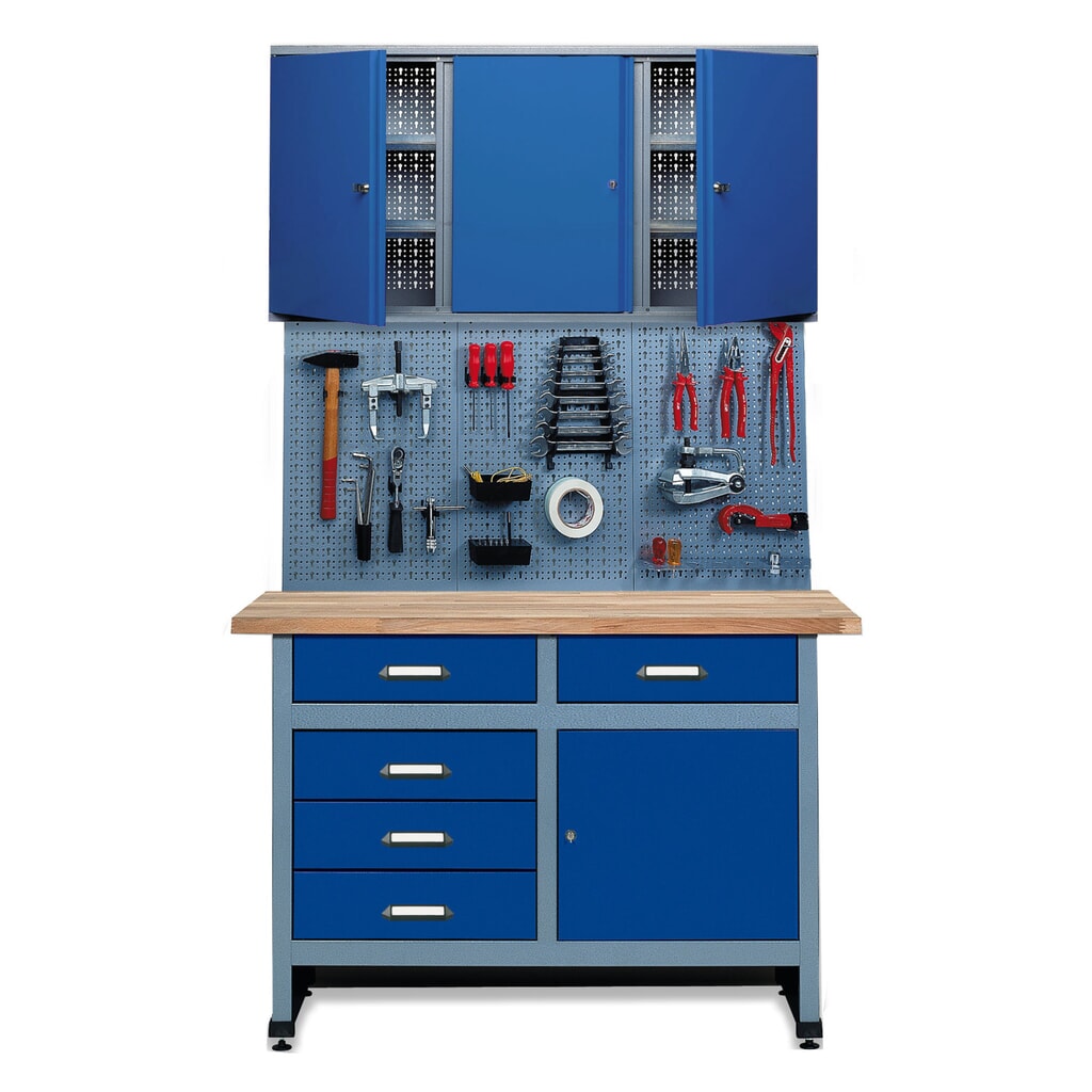 Werkplaatsset Meran 3-delig, hangkast + werkbank + geperforeerde wand, breedte 1.200 mm, blauw Product afbeelding: Werkplaatsset Meran 3-delig, hangkast + werkbank + geperforeerde wand, breedte 1.200 mm, blauw