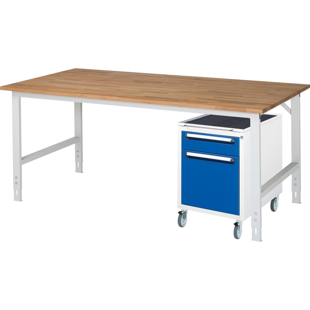 Werkplaatsset RAU TOM 2-delig, met werktafel, hxbxd 760-1.080 x 2.500 x 1.000 mm, massief beuken werkblad, excl. rolcontainer met 2 lades, hxbxd 690 x 480 x 600 mm Product afbeelding: Werkplaatsset RAU TOM 2-delig, met werktafel, hxbxd 760-1.080 x 2.500 x 1.000 mm, massief beuken werkblad, excl. rolcontainer met 2 lades, hxbxd 690 x 480 x 600 mm