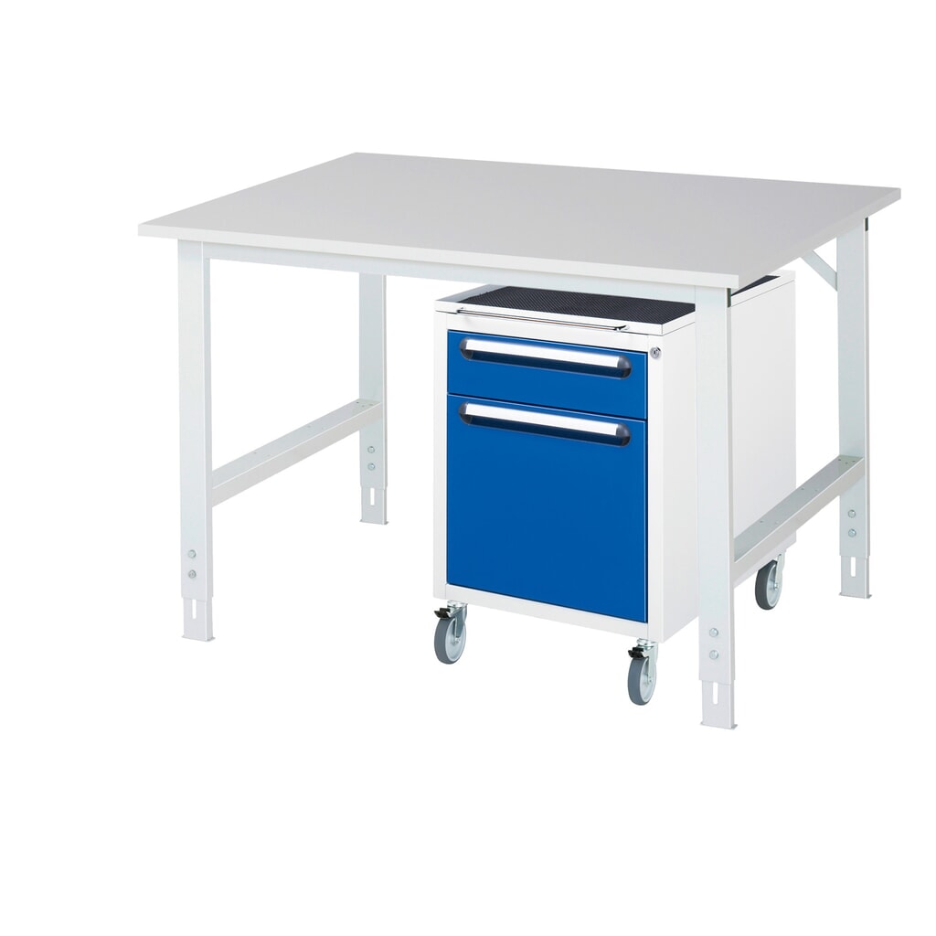 Werkplaatsset RAU TOM 2-delig, met werktafel, hxbxd 760-1.080 x 1.250 x 1.000 mm, werkblad met melaminelaag, excl. rolcontainer met 2 lades, hxbxd 690 x 480 x 600 mm Product afbeelding: Werkplaatsset RAU TOM 2-delig, met werktafel, hxbxd 760-1.080 x 1.250 x 1.000 mm, werkblad met melaminelaag, excl. rolcontainer met 2 lades, hxbxd 690 x 480 x 600 mm