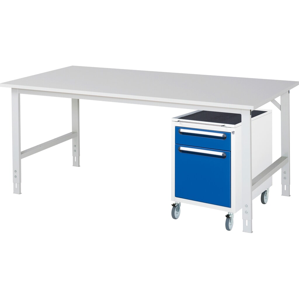 Product afbeelding: Werkplaatsset RAU TOM 2-delig, met werktafel, hxbxd 760-1.080 x 2.500 x 1.000 mm, werkblad met melaminelaag, excl. rolcontainer met 2 lades, hxbxd 690 x 480 x 600 mm