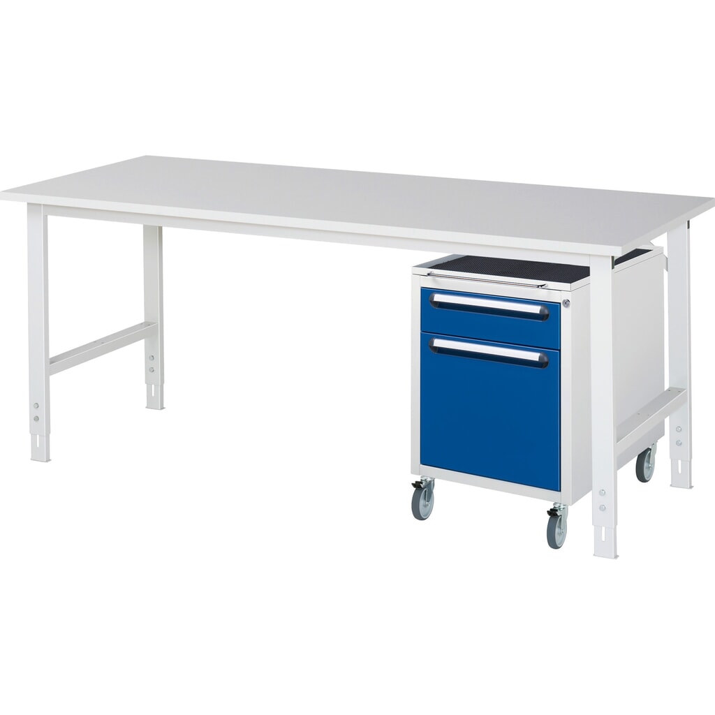Werkplaatsset RAU TOM 2-delig, met werktafel, hxbxd 760-1.080 x 2.500 x 800 mm, werkblad met melaminelaag, excl. rolcontainer met 2 lades, hxbxd 690 x 480 x 600 mm Product afbeelding: Werkplaatsset RAU TOM 2-delig, met werktafel, hxbxd 760-1.080 x 2.500 x 800 mm, werkblad met melaminelaag, excl. rolcontainer met 2 lades, hxbxd 690 x 480 x 600 mm
