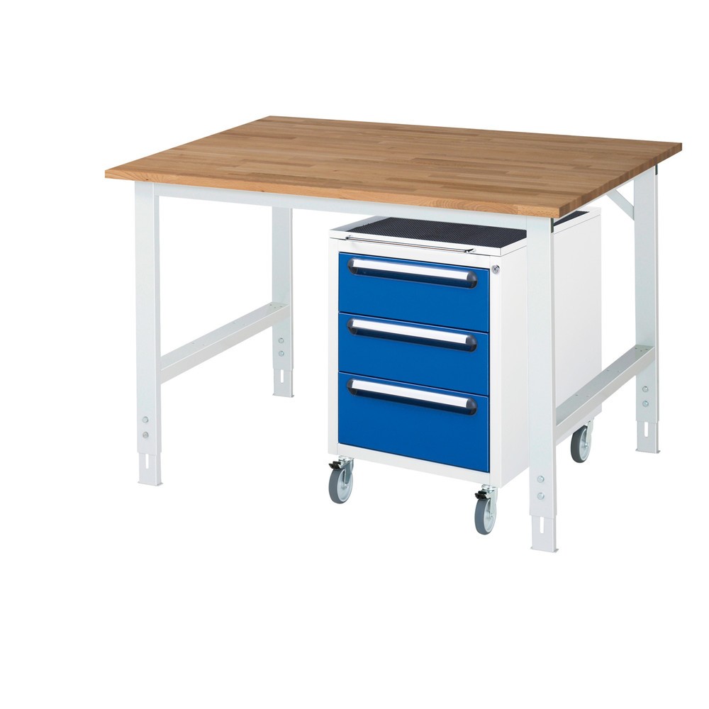 Product afbeelding: Werkplaatsset RAU TOM 2-delig, met werktafel, hxbxd 760-1.080 x 1.250 x 1.000 mm, massief beuken werkblad, excl. rolcontainer met 3 lades, hxbxd 690 x 480 x 600 mm