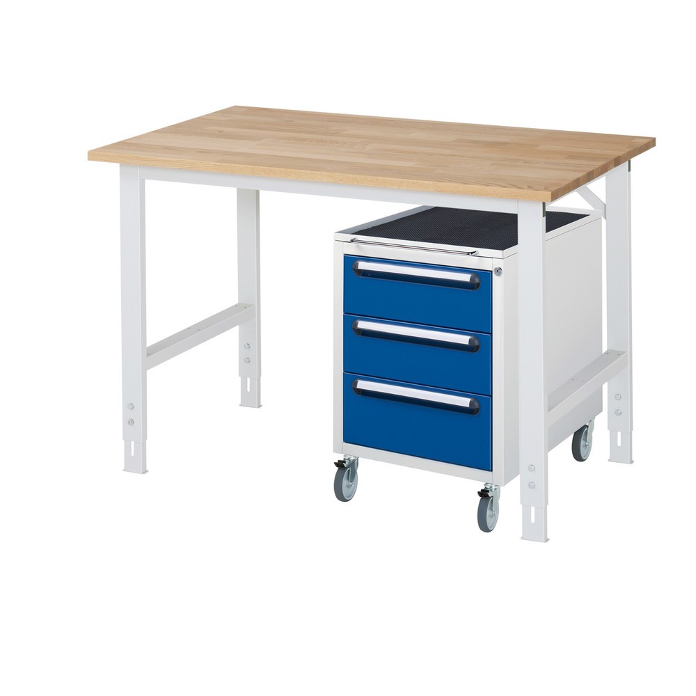 Product afbeelding: Werkplaatsset RAU TOM 2-delig, met werktafel, hxbxd 760-1.080 x 1.250 x 800 mm, massief beuken werkblad, excl. rolcontainer met 3 lades, hxbxd 690 x 480 x 600 mm