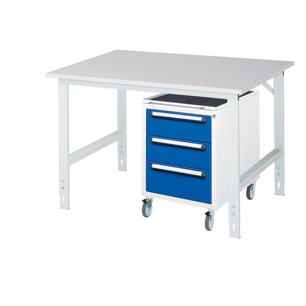 Product afbeelding: Werkplaatsset RAU TOM 2-delig, met werktafel, hxbxd 760-1.080 x 1.250 x 1.000 mm, werkblad met melaminelaag, excl. rolcontainer met 3 lades, hxbxd 690 x 480 x 600 mm