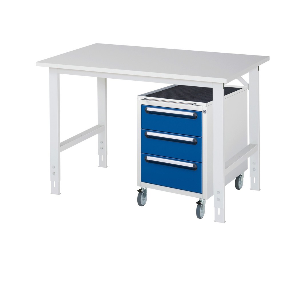 Product afbeelding: Werkplaatsset RAU TOM 2-delig, met werktafel, hxbxd 760-1.080 x 1.250 x 800 mm, werkblad met melaminelaag, excl. rolcontainer met 3 lades, hxbxd 690 x 480 x 600 mm