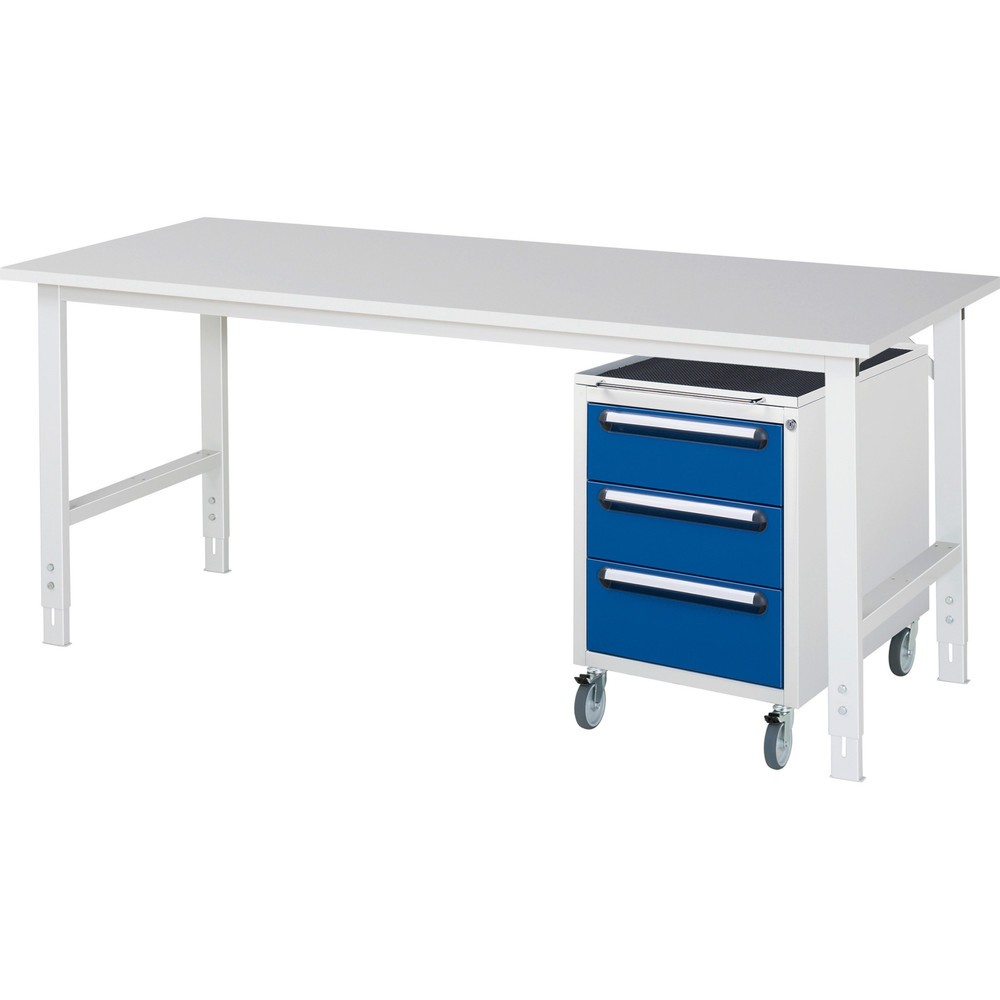 Product afbeelding: Werkplaatsset RAU TOM 2-delig, met werktafel, hxbxd 760-1.080 x 2.500 x 800 mm, werkblad met melaminelaag, excl. rolcontainer met 3 lades, hxbxd 690 x 480 x 600 mm