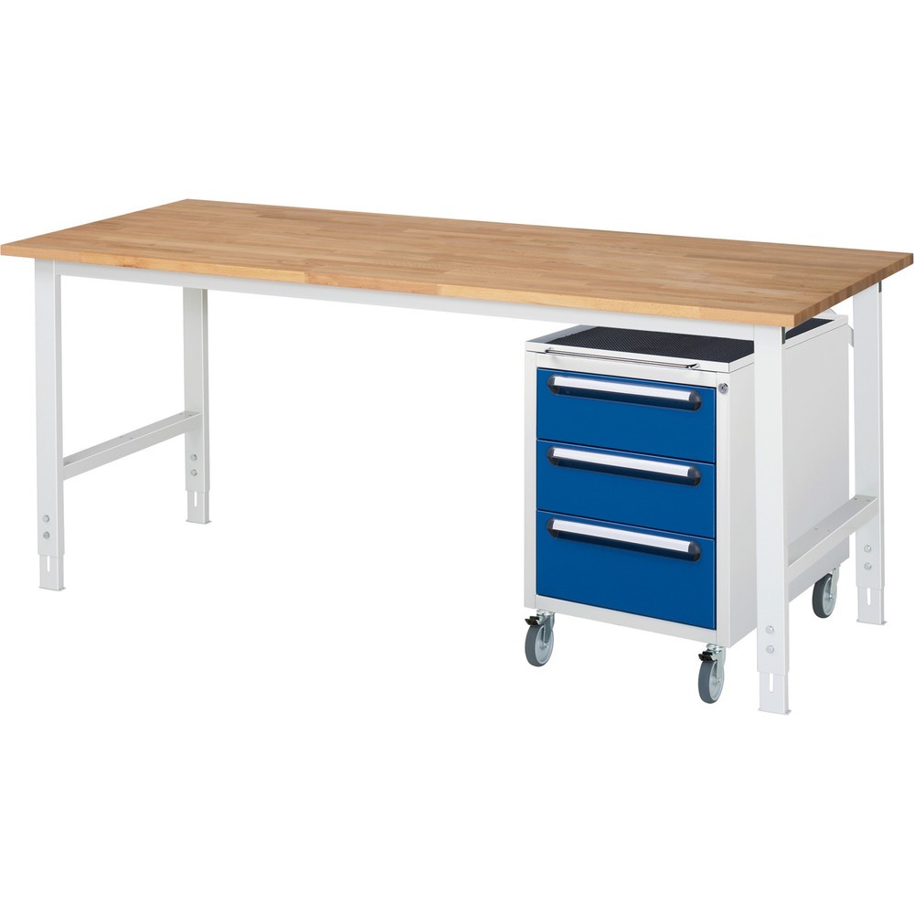 Product afbeelding: Werkplaatsset RAU TOM 2-delig, met werktafel, hxbxd 760-1.080 x 2.500 x 800 mm, massief beuken werkblad, excl. rolcontainer met 3 lades, hxbxd 690 x 480 x 600 mm