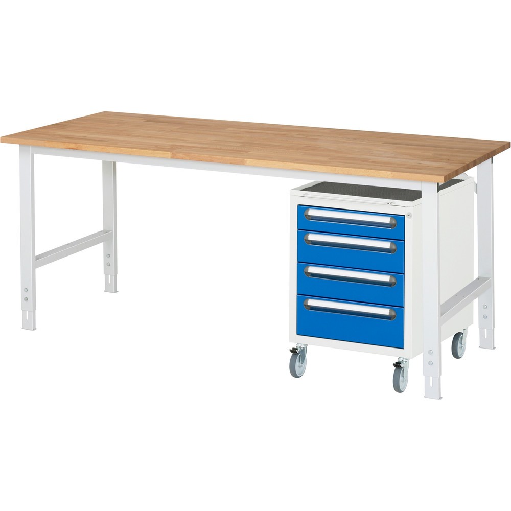 Product afbeelding: Werkplaatsset RAU TOM 2-delig, met werktafel, hxbxd 760-1.080 x 2.500 x 800 mm, massief beuken werkblad, excl. rolcontainer met 3 lades, hxbxd 690 x 480 x 600 mm