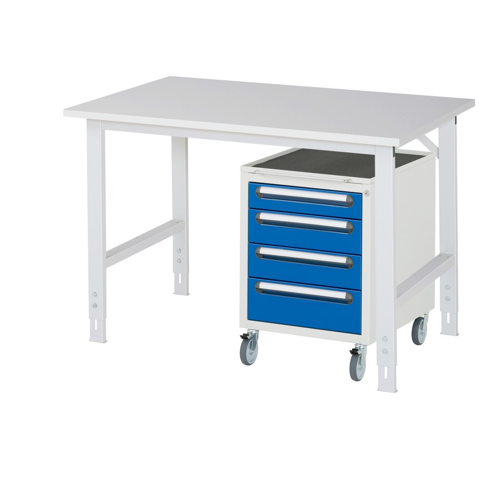 Product afbeelding: Werkplaatsset RAU TOM 2-delig, met werktafel, hxbxd 760-1.080 x 1.250 x 800 mm, werkblad met melaminelaag, excl. rolcontainer met 3 lades, hxbxd 690 x 480 x 600 mm