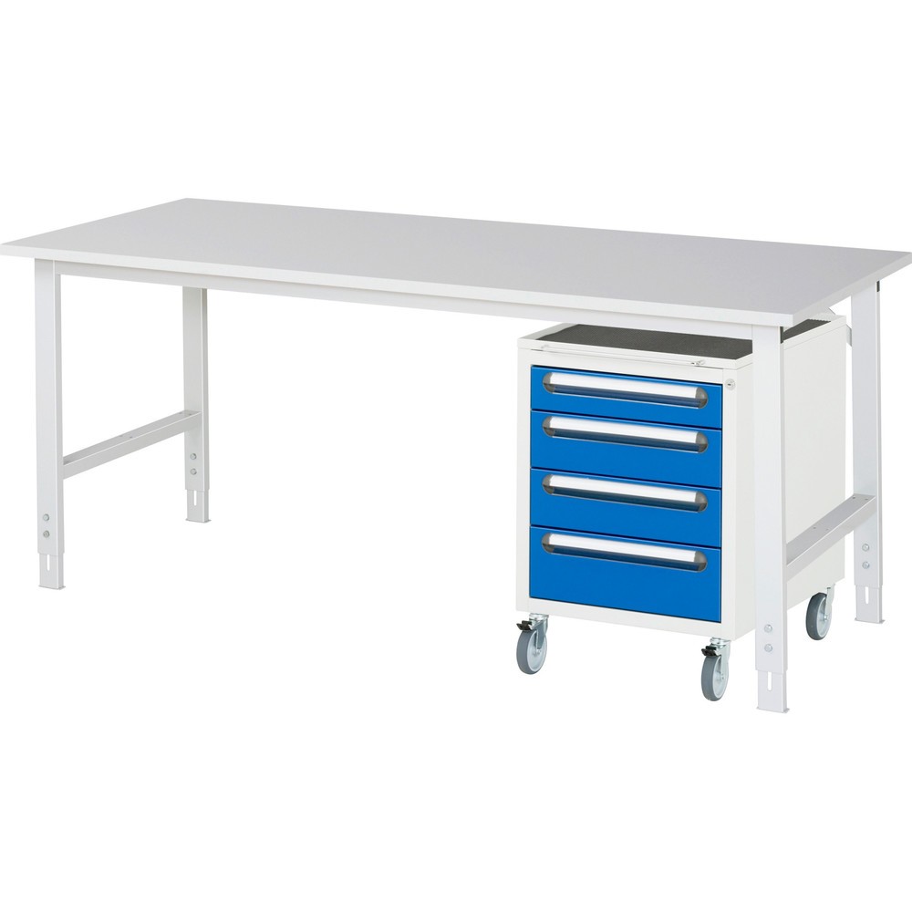 Product afbeelding: Werkplaatsset RAU TOM 2-delig, met werktafel, hxbxd 760-1.080 x 2.500 x 800 mm, werkblad met melaminelaag, excl. rolcontainer met 3 lades, hxbxd 690 x 480 x 600 mm