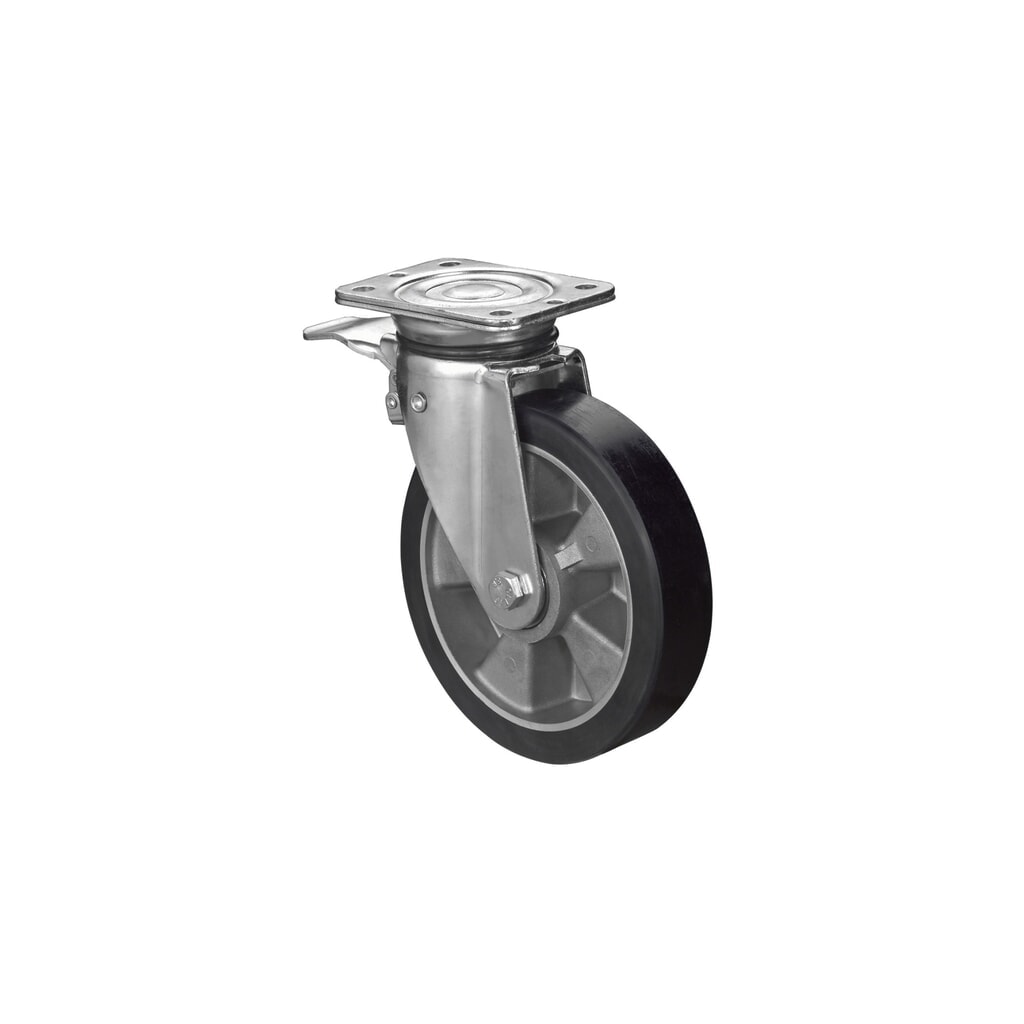 Wiel voor zware lasten gegoten polyurethaan, zwenkwiel met parkeerrem, kogellager, plaat, Ø x breedte 160 x 50 mm, draagvermogen 500 kg