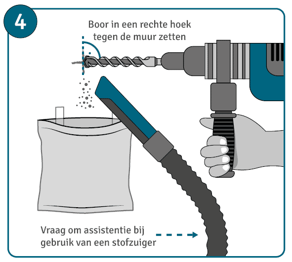 Boor in een rechte hoek tegen de muur zetten en gat boren, boorstof opzuigen