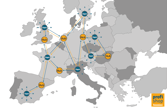 Kaart van Europa met logistieke hubs en depots op verschillende locaties