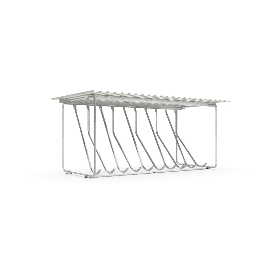 Overkapping wsm® SIEGEN, met hoog schuin fietsenrek, thermisch verzinkt, 1-zijdig, 10 plaatsen Product afbeelding: Overkapping wsm® SIEGEN, met hoog schuin fietsenrek, thermisch verzinkt, 1-zijdig, 10 plaatsen