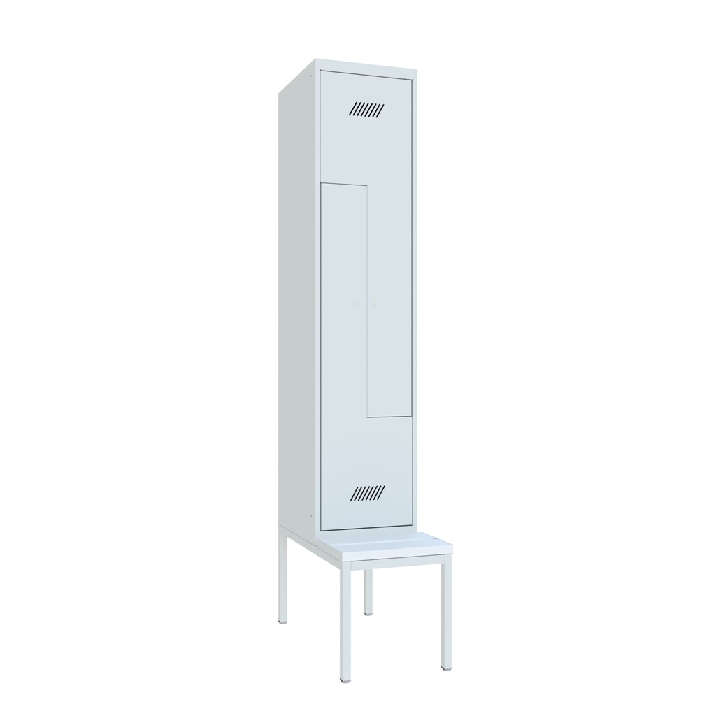 Z-garderobekast met zitbank PAVOY, 2 compartimenten, cilinderslot, lichtgrijs, lichtgrijs, Kunststof wit Product afbeelding: Z-garderobekast met zitbank PAVOY, 2 compartimenten, cilinderslot, lichtgrijs, lichtgrijs, Kunststof wit