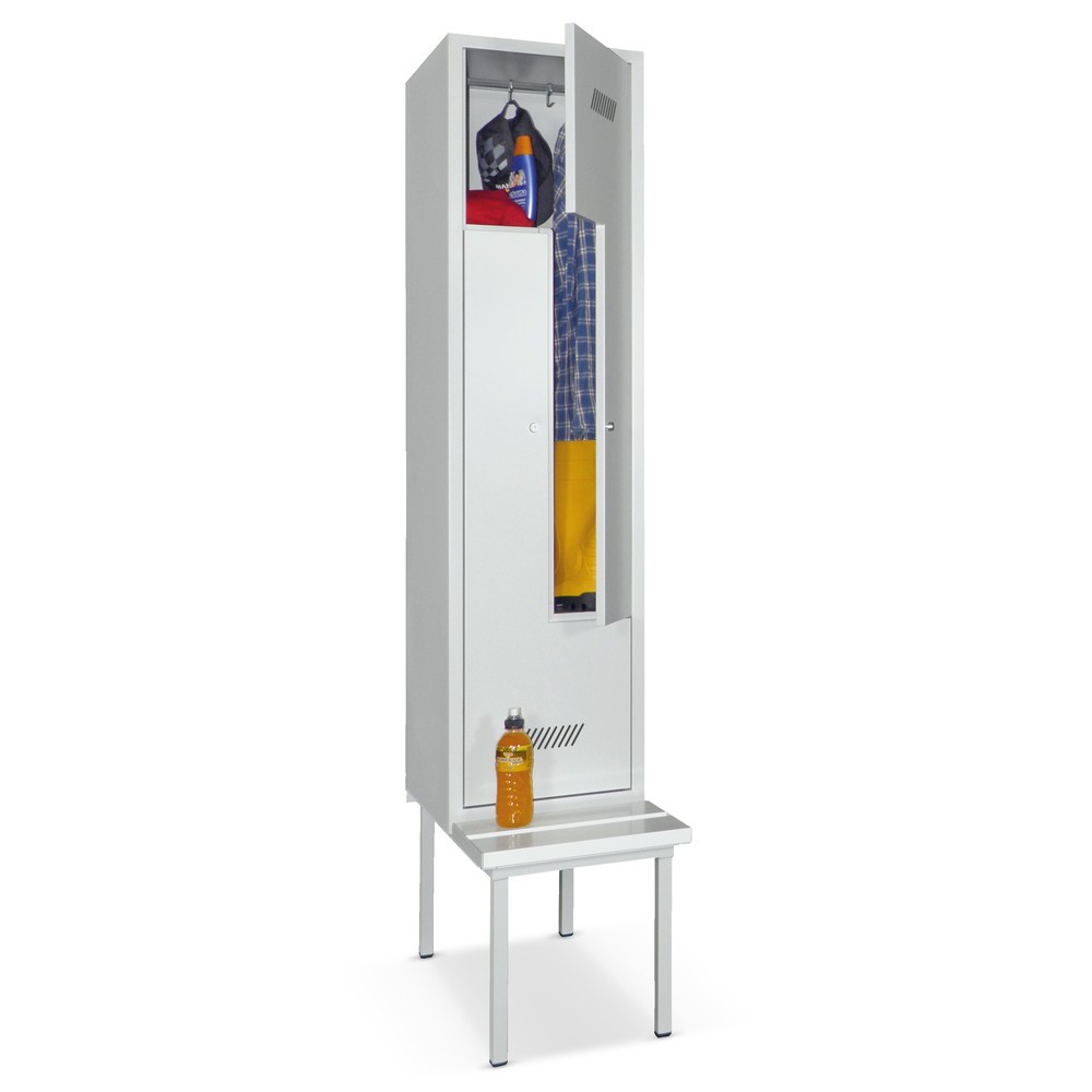Product afbeelding: Z-garderobekast met zitbank PAVOY, 2 compartimenten, cilinderslot, lichtgrijs, lichtblauw, Kunststof wit