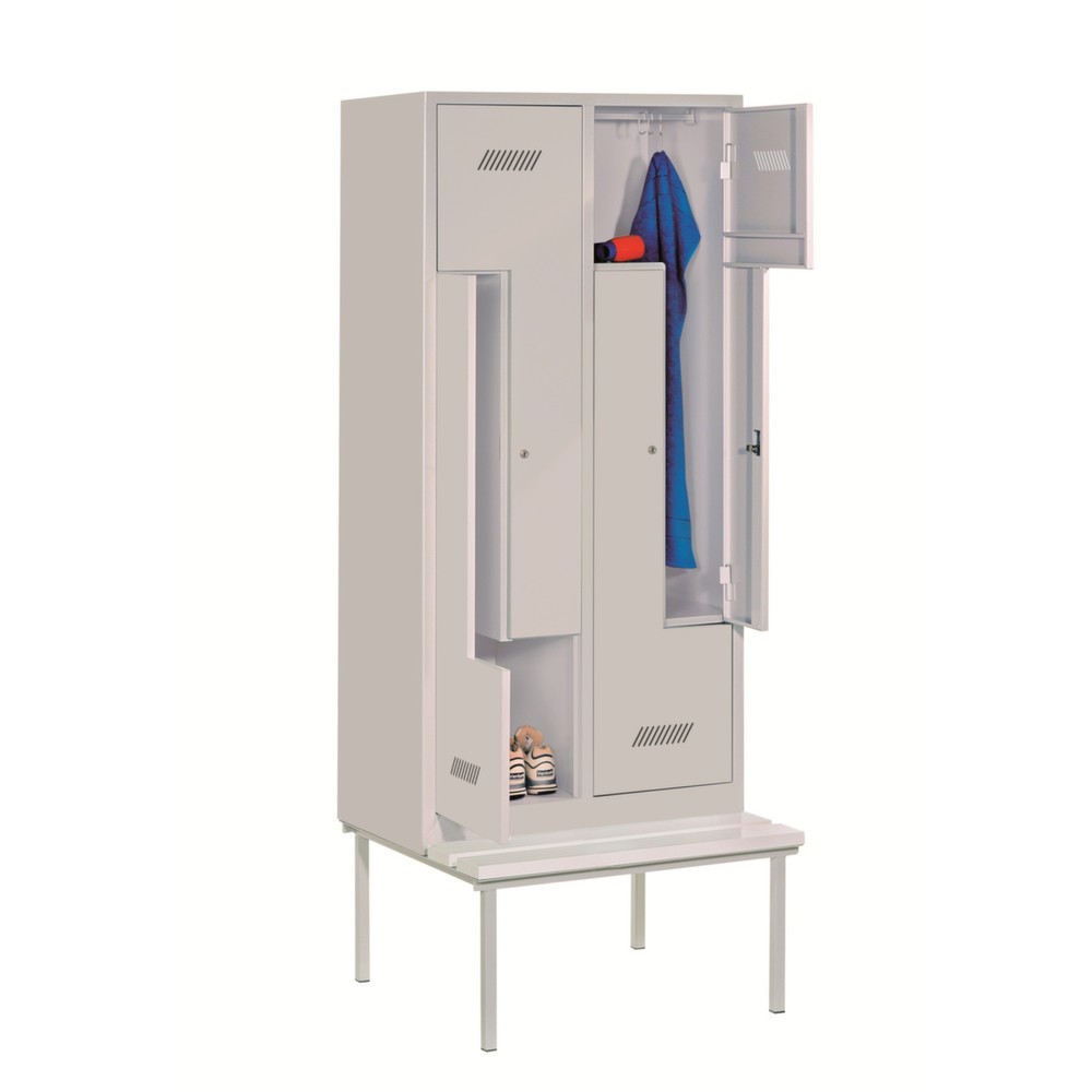 Product afbeelding: Z-garderobekast met zitbank PAVOY, 4 compartimenten, cilinderslot, lichtgrijs, gentiaanblauw, Kunststof wit