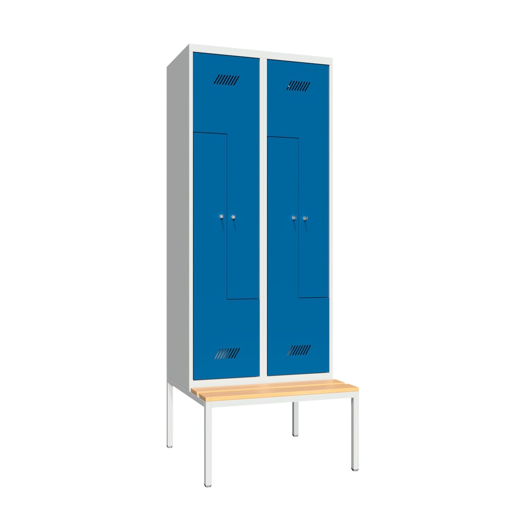 Productafbeelding nr. 1: Z-garderobekast met zitbank PAVOY, 4 compartimenten, cilinderslot, lichtgrijs, gentiaanblauw, Beuk