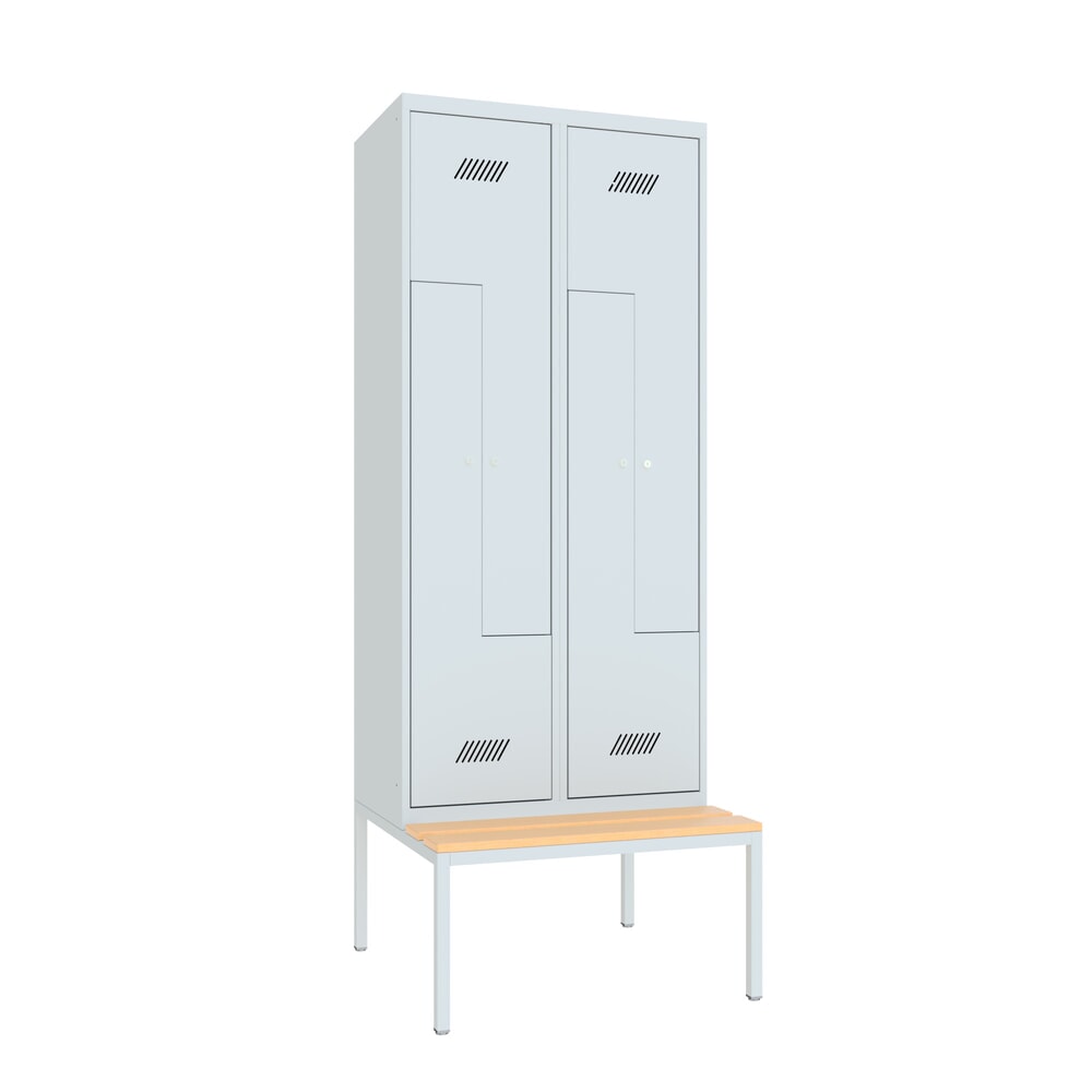 Product afbeelding: Z-garderobekast met zitbank PAVOY, 4 compartimenten, cilinderslot, lichtgrijs, lichtgrijs, Beuk