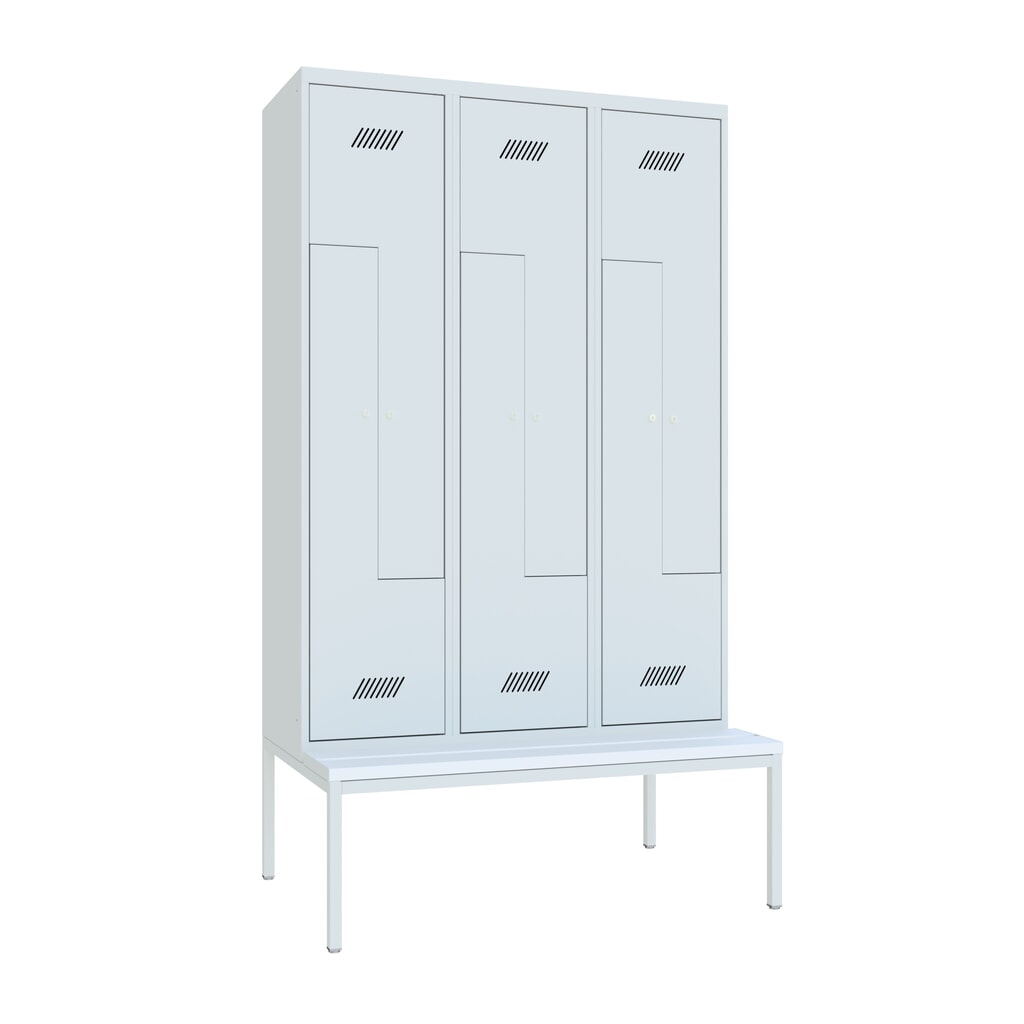 Product afbeelding: Z-garderobekast met zitbank PAVOY, 6 compartimenten, cilinderslot, lichtgrijs, lichtgrijs, Kunststof wit