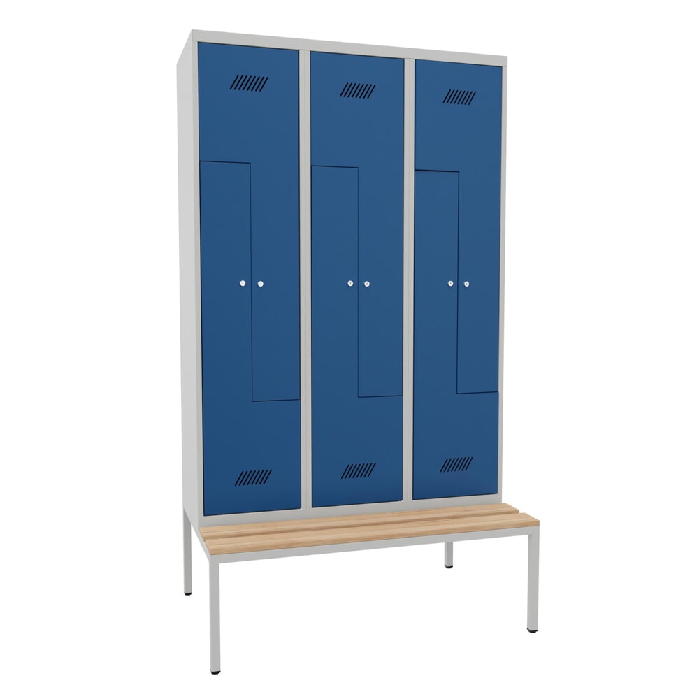 Productafbeelding nr. 1: Z-garderobekast met zitbank PAVOY, 6 compartimenten, cilinderslot, lichtgrijs, gentiaanblauw, Beuk