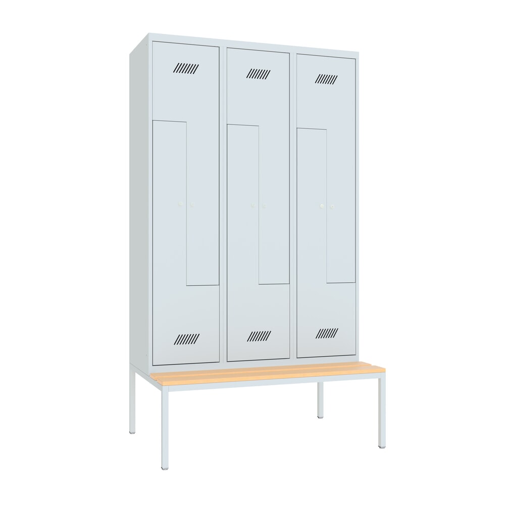 Product afbeelding: Z-garderobekast met zitbank PAVOY, 6 compartimenten, cilinderslot, lichtgrijs, lichtgrijs, Beuk