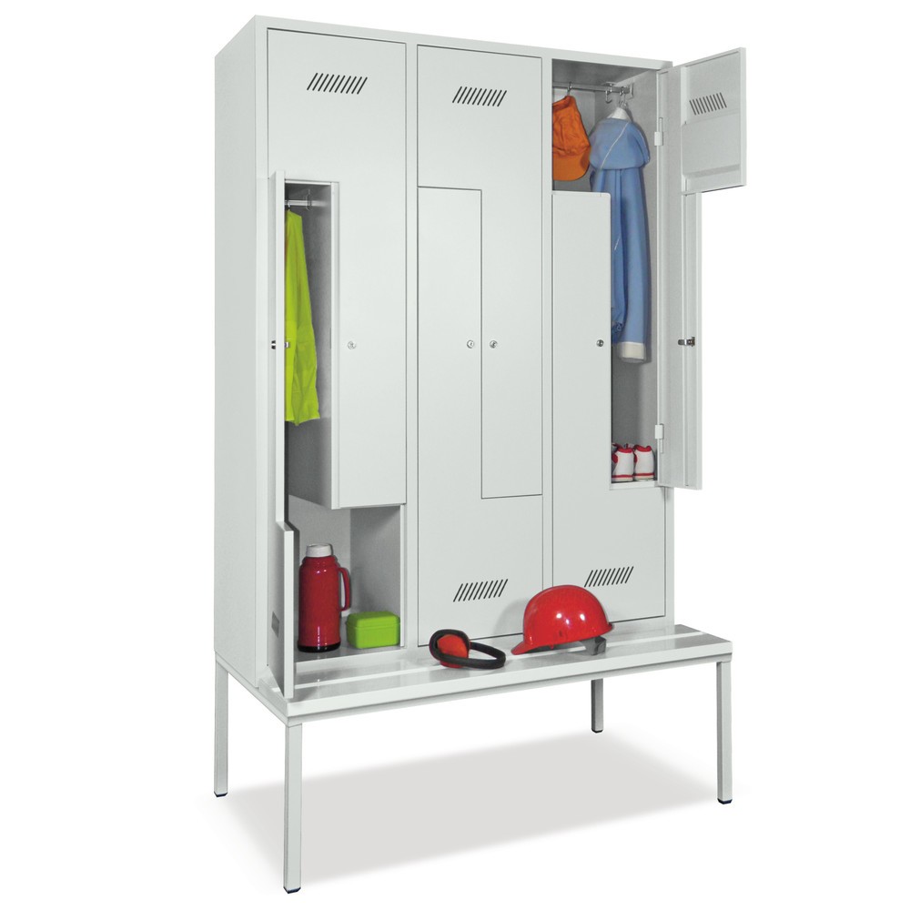 Product afbeelding: Z-garderobekast met zitbank PAVOY, 6 compartimenten, cilinderslot, lichtgrijs, hemelsblauw, Kunststof wit