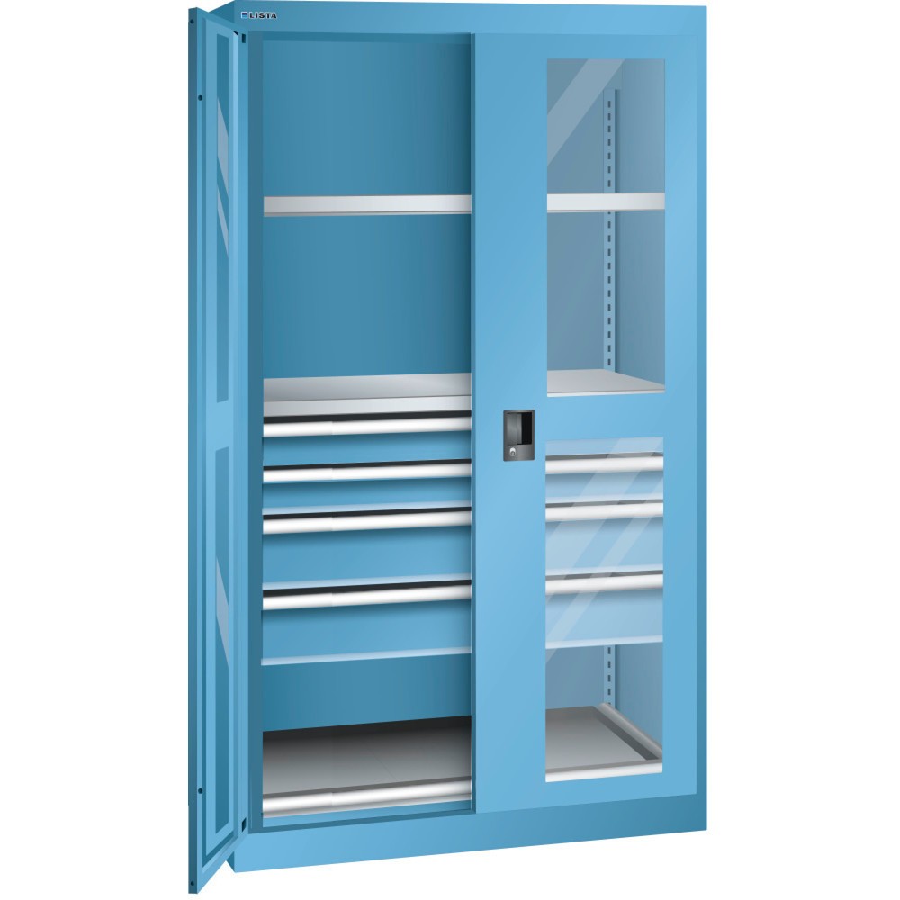 Product afbeelding: Zwaarlastkast 54x27E LISTA, (bxdxh) 1100x641x1950 mm, 1 uitschuifbaar legbord, 4 lades, lichtblauw, CODE Lock