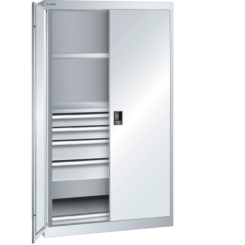 Product afbeelding: Zwaarlastkast 54x27E LISTA, (bxdxh) 1100x641x1950 mm, 1 uitschuifbaar legbord, 4 lades, lichtgrijs, CODE Lock
