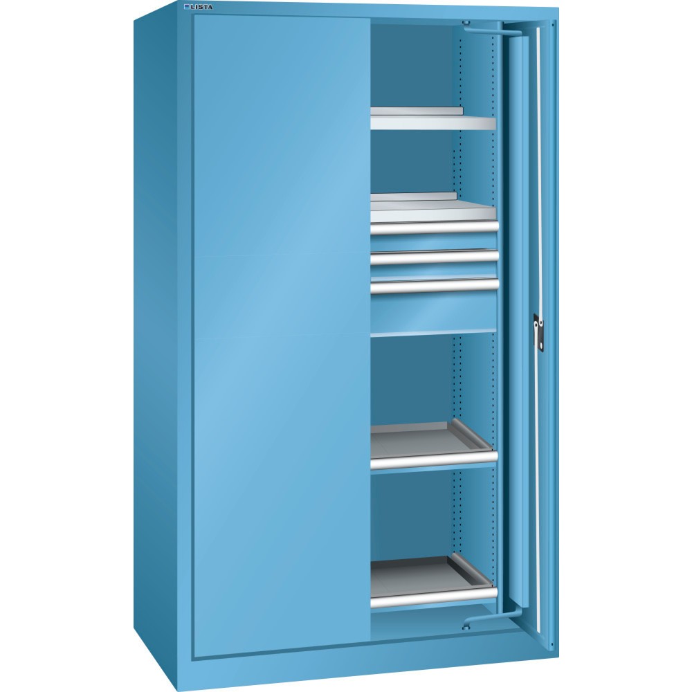 Product afbeelding: Zwaarlastkast 54x27E LISTA, (bxdxh) 1146x690x1950 mm, indraaiende deuren, 3 lades, lichtblauw, CODE Lock