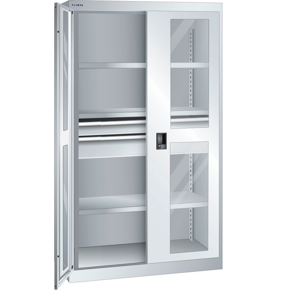 Product afbeelding: Zwaarlastkast LISTA 54x27E, (bxdxh) 1100x641x1950 mm, 2 lades, kijkvenster, lichtgrijs, KEY Lock