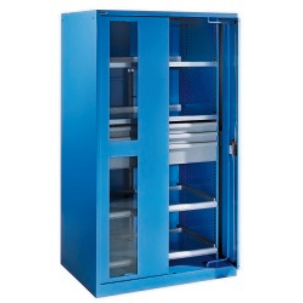 Product afbeelding: Zwaarlastkast LISTA met indraaiende deuren + kijkvenster, 2 legborden + 3 lades + 2 uittrekbare legborden, hxbxd 1950 x 1146 x 690 mm, lichtblauw